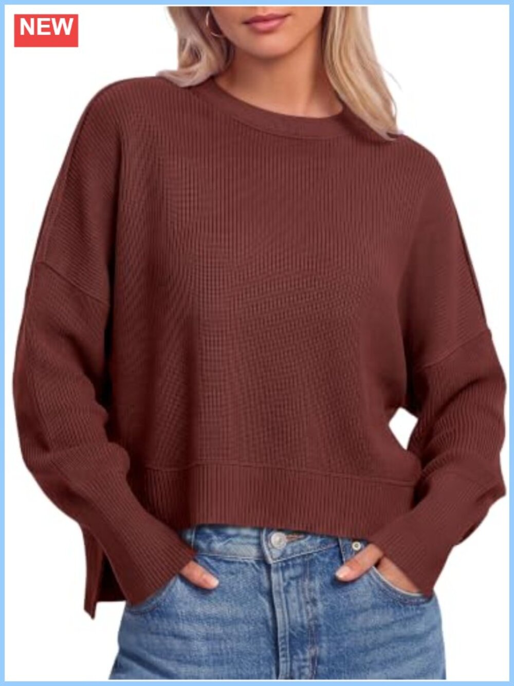Cropped Oversized Sweater Pullover Crew Neck Long Sleeve Batwing Knit
